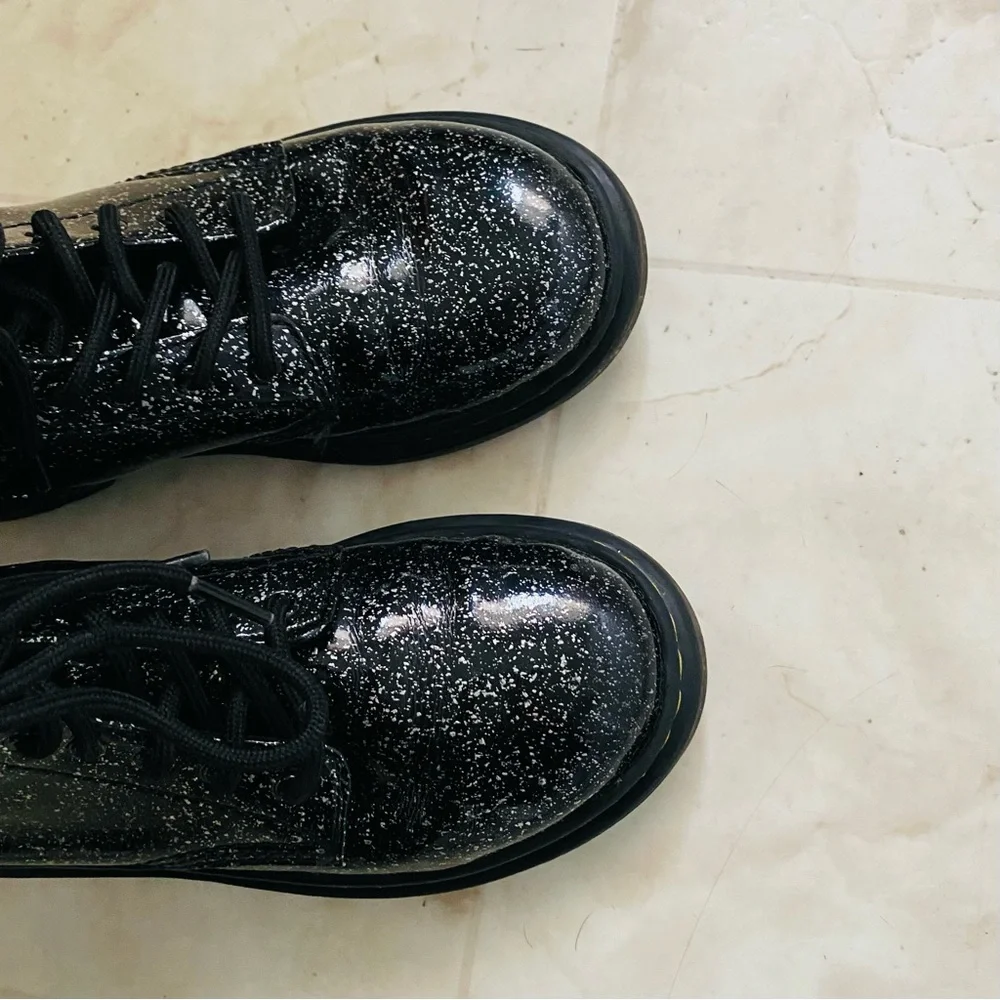 $75 Dr. Martens Junior 1460 Black Cosmic Silver Glitter Lace Up Zipper Boots 2